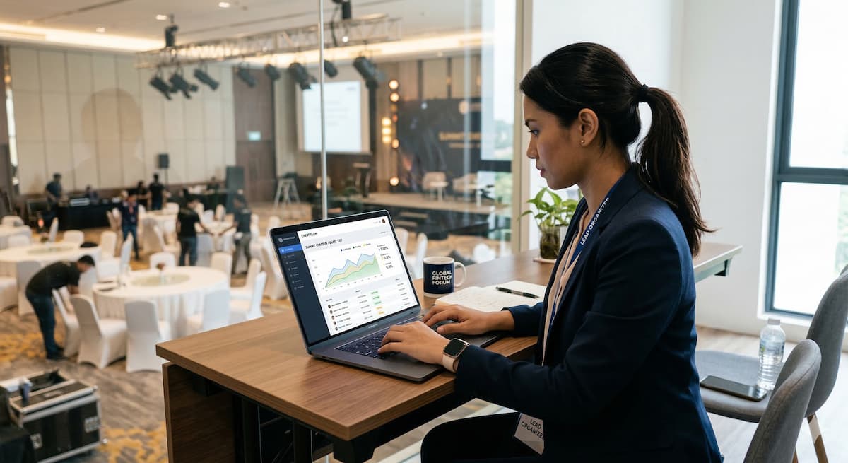 Event organizer working on a modern laptop viewing a guest list dashboard