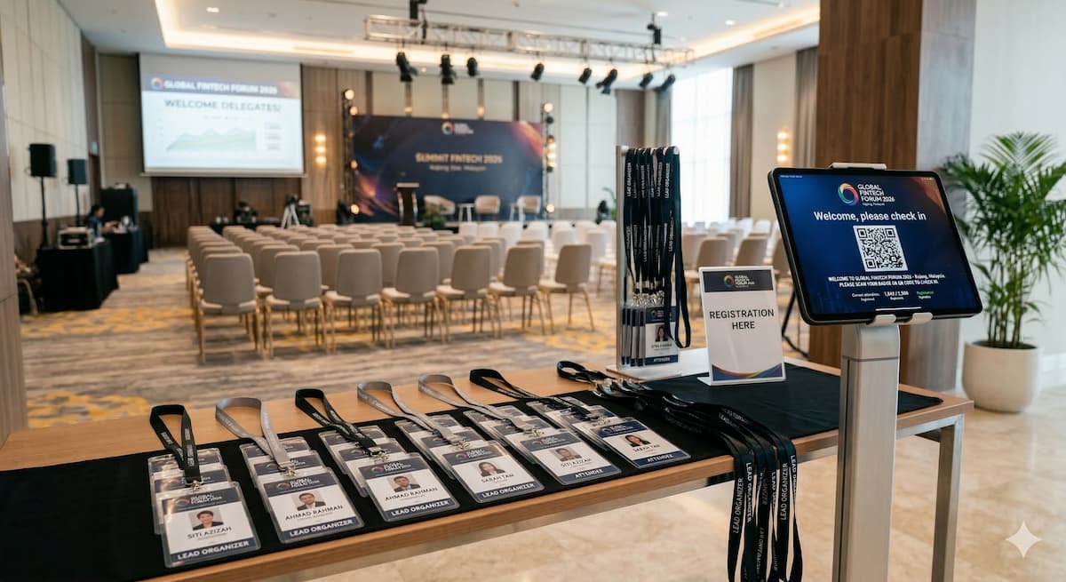 A beautifully organized seminar registration desk with printed lanyards and a digital check-in tablet